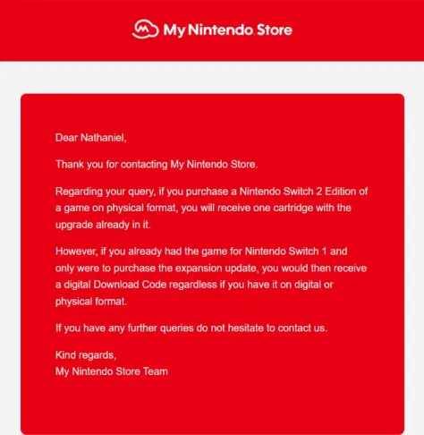An answer from the Nintendo Store support indicating that the Nintendo Switch 2 edition cartridges will contain both the original game and its upgrade