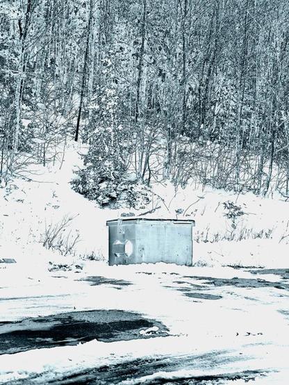 Solarization effect of a photograph of a dumpster, in the background is a snow covered wooded area, and in the foreground is a snow covered asphalt.