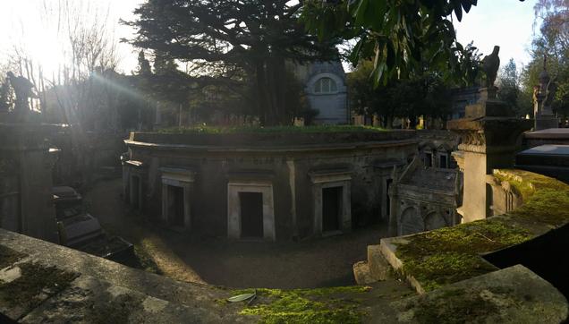 A view of a funeral monument at Highgate Cemetery, London.