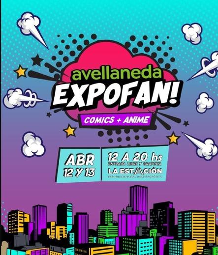 Volante de Avellaneda Expofan. En estilo comic. El logo del evento, la fecha, la hora y la dirección flotan en el cielo (en degradé celeste a violeta) de una ciudad. Se llegan a ver los edificios altos abajo.