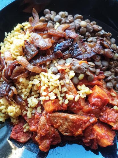 Lebanese Mujadara.
Sweet potato & soya 'pork' Madras curry.