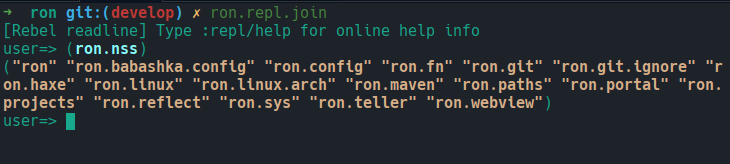 babashka joining a repl session, and a call to show available namespaces.