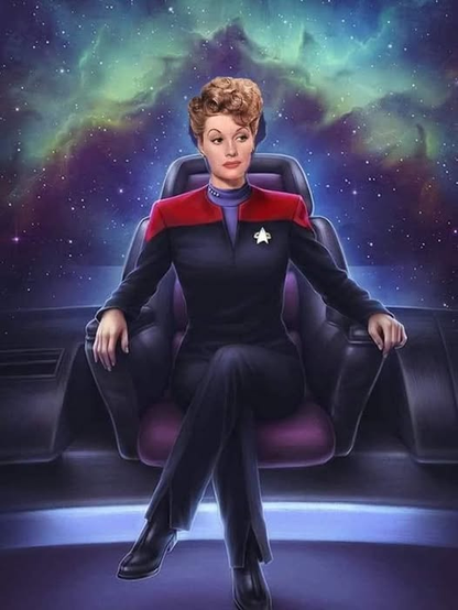 Artists rendition of Lucille Ball in a Star Trek Captain's uniform sitting in a "Captain's Chair"