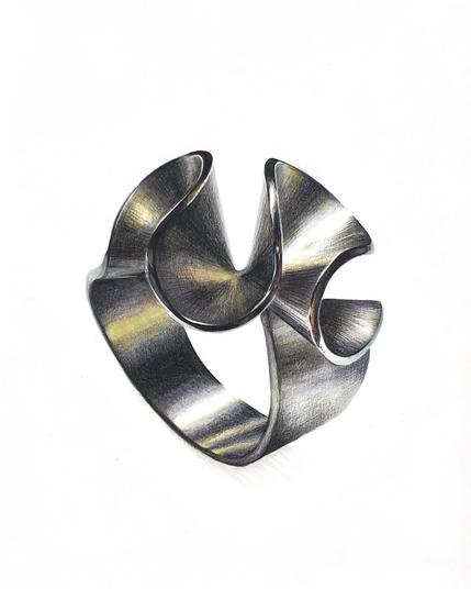 foto retocada de un dibujo con lápices de colores de una anillo metálico con andas