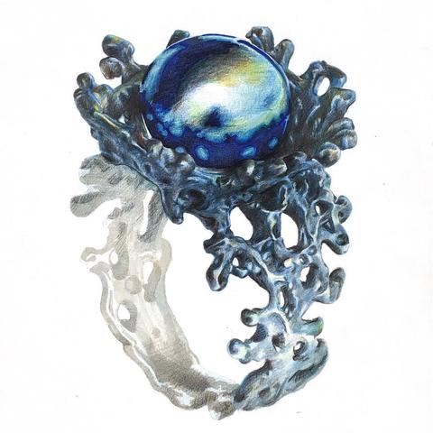 foto de un dibujo con lapices de colores de un anillo que simula espuma de olas con una perla en medio