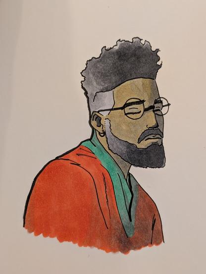 colored sketch of portrait of a black haired man with glasses