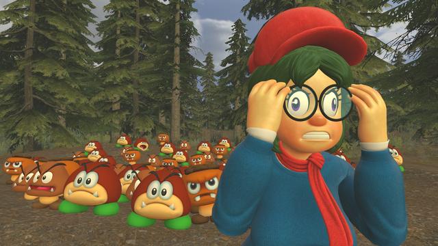 Chrissie can't tell what is a Goomba anymore based on the group of Goombas, Galoombas, and Goombrats behind her.