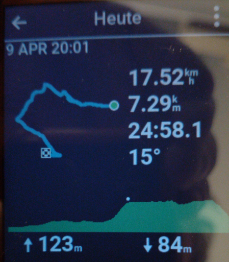 Screenshot vom Fahrradnavi:

Man sieht eine blau dargestellte, grob hakenförmige Strecke ohne hinterlegte Karte.

Darüber steht "Heute" und "9 APR 20:01".

Rechts neben der Karte stehen die Streckenmesswerte:

17.52 km/h (Durchschnittsgeschwindigkeit)
7.29 km
24:58.1 (Fahrtzeit in Minuten und Sekunden)
15 Grad Celsius

Darunter ist ein grünes Höhenprofil der Strecke (erst flach, dann steil bergauf, dann oben weiter flach und am Ende wieder runter. 

Unter dem Höhenprofil stehen die Höhenmeter: 123m rauf und 84m runter.