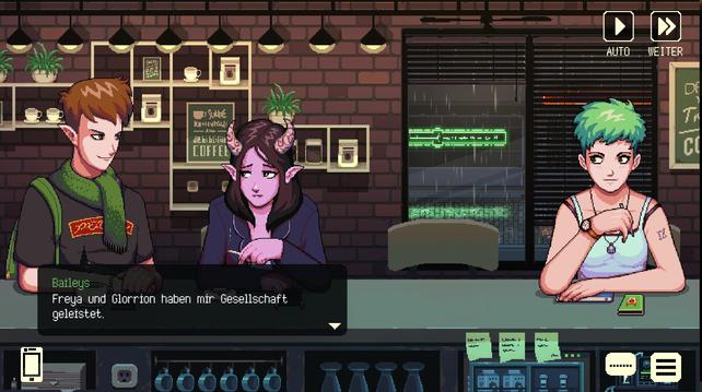 Ein Screenshot aus dem Spiel. Baileys, Lua und Freya sitzen an der Bar. Baileys sagt gerade zu Lua:

"Freya und Glorrion haben mir Gesellschaft geleistet."

Freya schaut aufmerksam zu den beiden herüber.