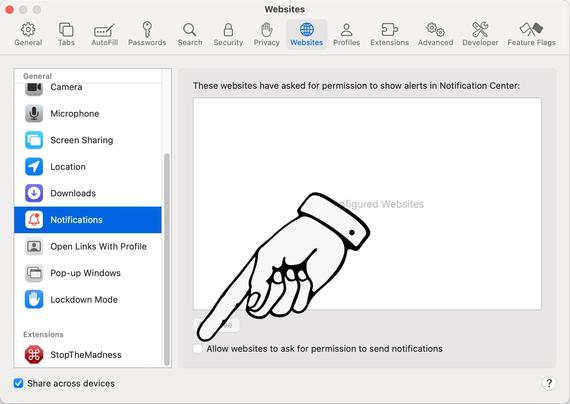 Website tab of Safari Preferences. A checkbox is unchecked that reads "Allow websites to ask for permission to send notifications"