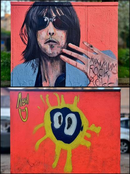 A Primal Scream-themed painted junction box in Glasgow, featuring lead singer Bobby Gillespie on one side and the Screamadelica logo on the other.