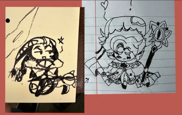 shadow milk x pure vanilla cookie fanart/doodle i made

shadow milk cookie is on the left, expressing a smug flirtatious expression, with a star next to him, towards pure vanilla cookie, who is on the right. pure vanilla cookie is blushing at shadow milk with a heart and exclamation mark above him