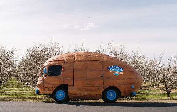 An image of a truck that looks like a giant almond with the logo of Blue Diamond (a U.S. nut brand) towards its rear.