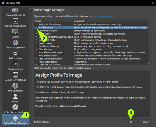 Krita setting screenshot with steps (in green)