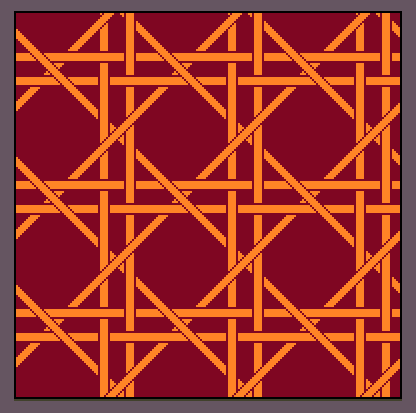 Pixel art of an intricate diamond lattice wicker weaving pattern. The wicker is yellow-orange. The background is maroon.