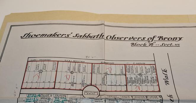 Photo of a paper cemetery map with names written into a grid. The handwritten title says Shoemakers' Sabbath Observers of Bronx