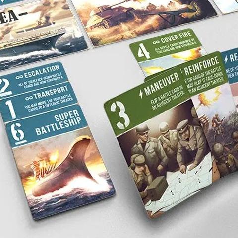 An array of cards from the game Air, Land, & Sea showing numbers, card titles, and some card effects. A row of blue-tinged cards beneath the "Sea" thater card are set so the upper section with the card value and effects remain visible; the bottom card shows a WWII-style battleship rendered in color artwork. Other cards are fanned out as if in a player's hand, showing similar WWII-style illustrations and card values/effects.