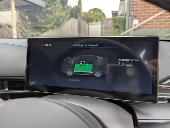 Photo of the driver's instruments display of a BYD Seal electric car showing the "Discharge in process" screen, indicating that a total of 7.2 kWh of energy has been used for V2L, and that the battery is at 91%.