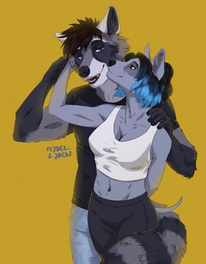 Image shows a couple - anthropomorphic racoon man and a dog woman. The lady is lovingly petting her boyfriend's head. He's holding her by her shoulder and her hand.