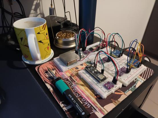Four bread boards with Microcomputers, two ESP8266 and two ESP32-C6 modules.