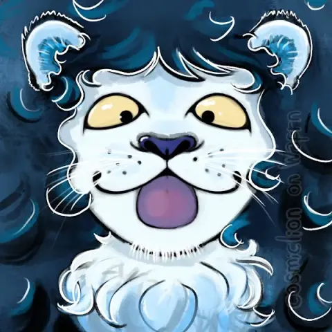 Digital colored and shaded headshot illustration of an anthropomorphic lion. He has white fur and ears, a dark blue mane, a bluish purple nose and pale yellow eyes. He is making a silly face and sticking his tongue out.