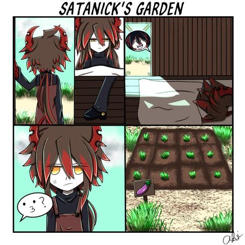 Comic of Sataivlis in Stardew Valley fashion. Satanick plants nothing but eggplants, and Ivlis is not happy.