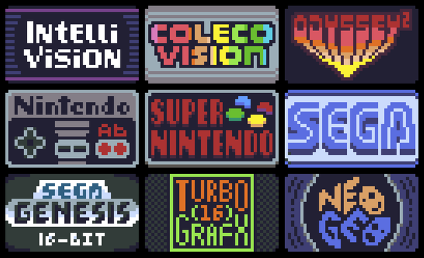 top: intellivision, coleco vision, odyssey 2
mid: nes, snes, sega
bot: genesis, turbo grafx, neo geo