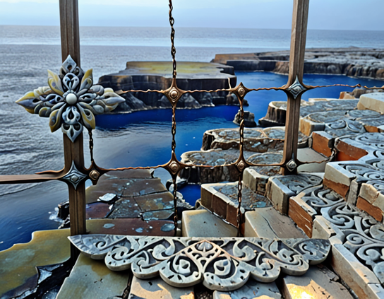 A rustic patched together scrap metal fence reinforced with leftover tiles overlooks a rocky coastline and blue water, from a crude patio featuring carved patterns and ornamental detail.