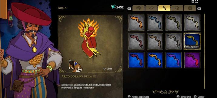 Captura del pantalla del juego 33 immortals. Es el menú del Armario, donde se encuentran los objetos cosméticos. 

A la izquierda se encuentra un npc, un vendedor vestido similar a un pirata.

En el medio-izquierda se ve al personaje (el jugador) de espaldas. 

Tiene un halo decorativo detrás de su cabeza, es un corazón rojo rodeado de una especie de corona de espinas amarilla, una pequeña cruz dorada justo arriba del corazón. Todo esto con un fuego brillante por detrás.

También se ve un arco (arma) dorado, y una capa roja con borde amarillo. El arco, llamado Arco dorado de la fe, contiene una pequeña descripción: "Este arco es una maravilla. Sin duda, su robustez reavivará la fe [de] quien lo empuñe"

Y por último pero no menos importante, está mi pequeño acompañante perruno a mi lado.

Aparte, a la derecha se observan distintas skins decorativas de arcos que van detrás de la espalda.