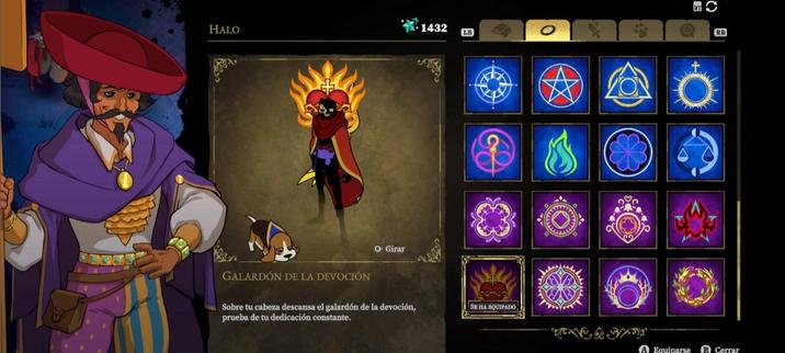 Captura del pantalla del juego 33 immortals. Es el menú del Armario, donde se encuentran los objetos cosméticos. 

A la izquierda se encuentra un npc, un vendedor vestido similar a un pirata.

En el medio-izquierda se ve al personaje (el jugador) mirando al frente. 

Tiene un halo decorativo detrás de su cabeza, es un corazón rojo rodeado de una especie de corona de espinas amarilla, una pequeña cruz dorada justo arriba del corazón. Todo esto con un fuego brillante por detrás.

El nombre del halo es Galardón de la devoción y contiene una pequeña descripción: "sobre tu cabeza descansa el galardón de la devoción, prueba de tu dedicación constante"

También se ve un arco (arma) dorado, y una capa roja que cubre el cuello y la espalda, con borde amarillo en la parte lateral.

Y por último pero no menos importante, está mi pequeño acompañante perruno a mi lado.

Aparte, a la derecha se observan distintos halos decorativos que van detrás de la cabeza.