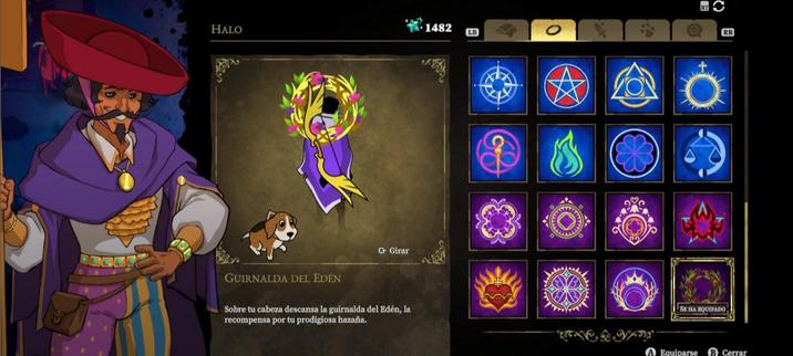 Captura del pantalla del juego 33 immortals. 

Es el menú del Armario, donde se encuentran los objetos cosméticos. 

A la izquierda se encuentra un npc. Es un vendedor, vestido similar a un pirata.

En el medio-izquierda se ve al personaje (el jugador) de espaldas. 

Tiene un halo decorativo detrás de su cabeza, es un halo dorado con detalles de flores (moradas y rosadas) y hojas verdes en el borde. Se llama "Guirnalda del Edén" y tiene una pequeña descripción: "Sobre tu cabeza descansa la guirnalda del Edén, la recompensa por tu prodigiosa hazaña".

También se ve un arco (arma) dorado, y una capa morada con un borde lila, y algun detalle en negro.

Y por último pero no menos importante, está mi pequeño acompañante perruno a mi lado.

Aparte, a la derecha se observan distintos halos decorativos que van detrás de la cabeza.