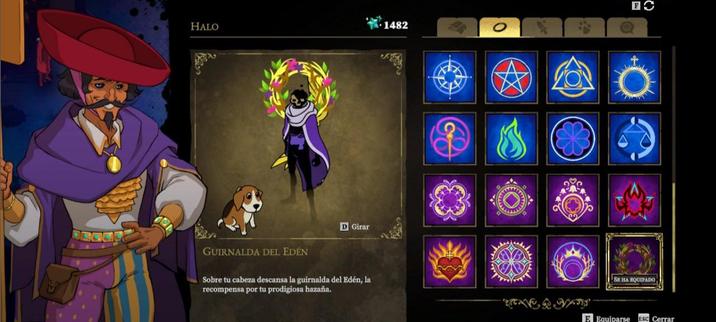 Captura del pantalla del juego 33 immortals. 

Es el menú del Armario, donde se encuentran los objetos cosméticos. 

A la izquierda se encuentra un npc. Es un vendedor, vestido similar a un pirata.

En el medio-izquierda se ve al personaje (el jugador) mirando al frente. 

Tiene un halo decorativo detrás de su cabeza, es un halo dorado con detalles de flores (moradas y rosadas) y hojas verdes en el borde. Se llama "Guirnalda del Edén" y tiene una pequeña descripción: "Sobre tu cabeza descansa la guirnalda del Edén, la recompensa por tu prodigiosa hazaña".

También se ve un arco (arma) dorado, y una capa morada con un borde lila, y algun detalle en negro.

Y por último pero no menos importante, está mi pequeño acompañante perruno a mi lado.

Aparte, a la derecha se observan distintos halos decorativos que van detrás de la cabeza.