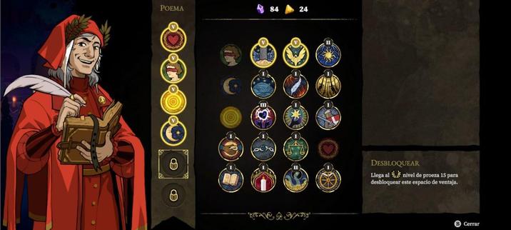 Captura del pantalla del juego 33 immortals. 

Es el menú de ventajas, donde se encuentran distintas ventajas/mejoras con diferentes características.

A la izquierda se encuentra un npc. No sé muy bien como describir su estilo o ropa, si alguien quiere ayudarme con eso edito el ALT text <3

En el medio se ve una columna con 6 ranuras, de las cuales 4 están desbloqueadas. En ellas se pueden equipar las mejoras de tu preferencia. A la derecha de esto se encuentran las ventajas/mejoras, son 20 y cada una te da distintos beneficios. Puedes mejorarlas (van del nivel 1 al 5, en números romanos)

A la derecha es donde sale la descripción de las mejoras, pero en este caso tenía el cursor sobre la siguiente ranura para ventaja/mejora que no he desbloqueado. Hay una pequeña descripción que dice: Desbloquear. "Llega al nivel de proeza 15 para desbloquear este espacio de ventaja"