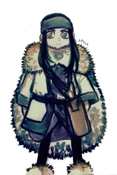 Golden Kamuy fan art. A drawing of Asirpa, a young ainu girl with long black hair, pale skin, big bright eyes with long lashes. Wearing traditional ainu clothes: a headband, earrings, a thick fur mantle over an ainu robe, a kimono underneath, dark leggings and deerskin boots. She stands facing the viewer, a serious expression on her face, her eyes drifting to the side.