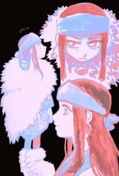 Golden Kamuy fan art. Three drawings of Asirpa: a side view of her standing up, a slightly from above, front view of her face, looking upset, and a profile bust of her smiling.