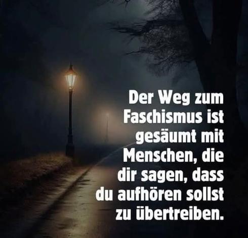 Alt Text:Nächtlich ,beleuchteter Weg, mit Text:"
Der Weg zum Faschismus ist gesäumt mit Menschen, die
dir sagen, dass du aufhören sollst
zu übertreiben."