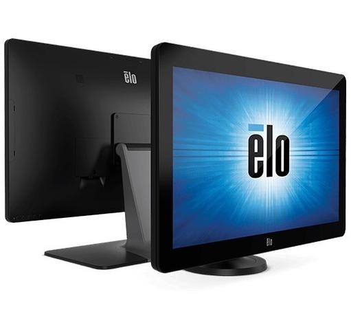 An Elo touchscreen monitor is shown from the front and back. The front features a vibrant blue background with the Elo logo prominently displayed, while the back has a sleek, black design.