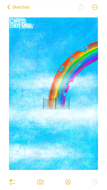 A blue sky with a few clouds. Built on one of the clouds is a rainbow: a dilapidated rainbow that appears to be constructed from metal. It's not a pretty sight: holes in the rainbow expose the scaffolding underneath, and the colors are tarnished and rusting in places. The rainbow might even be unsafe, given that there is a fence around it. The painting is signed "Chris Silverman".