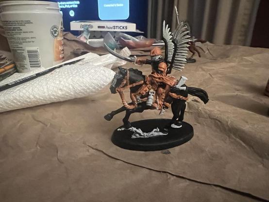 Warhammer 40K Miniature 

Victoria Miniatures Winged Hussar Rough Rider

Black horse, rider with black and orange uniform. Holding Sabre out in front.