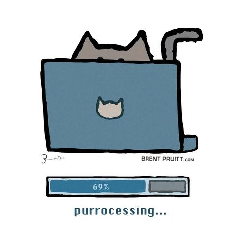 cartoon drawing of a grey cat peering over the back of a laptop. beneath the laptop is a progress bar at 69% with the label: purrocessing…