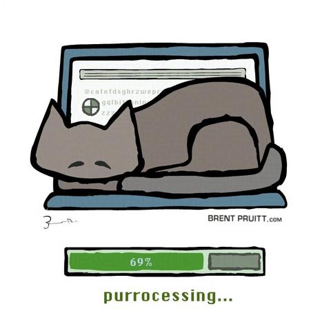 cartoon drawing of a grey cat sleeps on a laptop. part of the screnn is visible with gibberish text and a ‘spinning wheel-of-death’. beneath the laptop is a progress bar at 69% with the label: purrocessing…