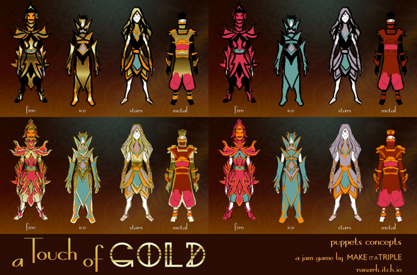 A ref sheet of four fantasy characters, in four variants in a two-by-two arrangement. They are stylised humanoids with elaborate costume resembling Asian shadow theater figures. They are labelled with the elemental names fire, ice, stars, and metal. Fire is tall with curly parts in the costume, ice is slender with high boots and a small head, stars has long flowing hair and jewelry, and metal wears many bangles. The name of the game is "A touch of gold", a jam game by Make it a Triple studio.