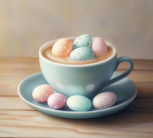 Eine Tasse Kaffee mit Schaum und hoppla, da hat der Osterhase wohl nicht nur auf dem Unterteller ein paar Eier dekoriert, da sind wohl auch ein paar Ostereier direkt in den Kaffee gefallen. Wohl bekomm's. Garniert wird die Szene mit dem Text: „Kein Kaffee, kein Mitleid“ und den wichtigsten Daten zum Treffen von „nerdlangen“: Freitag, 11.4.2025 ab 8:30 Uhr im Café „Healthineers“ in der Allee am Röthelheimpark 3B in Erlangen. Direkt mit dem Bus erreichbar über die Haltestelle „Doris-Ruppenstein-Straße“ vor der Tür