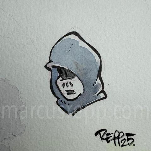 Ink drawing of male pyschopath (head only)