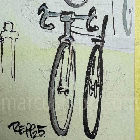 Ink drawing of a bicycle's front wheel and handle bar