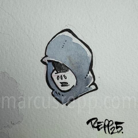 Ink drawing of male pyschopath (head only)