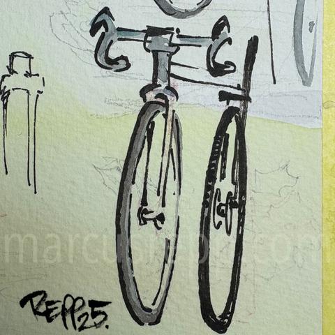 Ink drawing of a bicycle's front wheel and handle bar