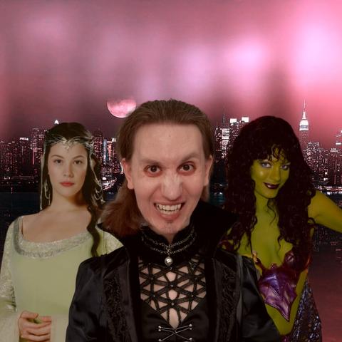 Me as a vampire with Arwen from Lord Of The Rings and D'Nesh from Star Trek in a red-tinted city background.