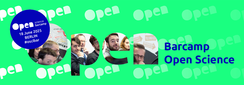 banner of the Open Science Barcamp, with pictures of people at a previous Barcamp in the letters of the logo