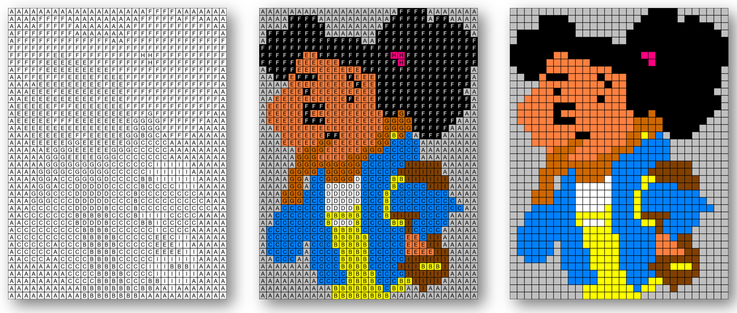 Pixel art de Ada en trois images la première la grille vierge la deuxième la grille colorée avec les lettres la 3e la grille sans les lettres